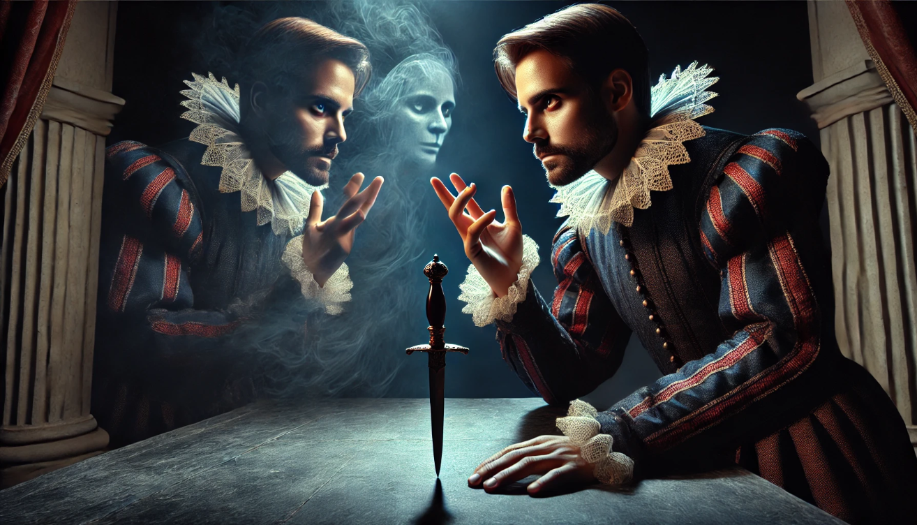 A Shakespearean actor portraying Macbeth stands alone on a dimly lit stage