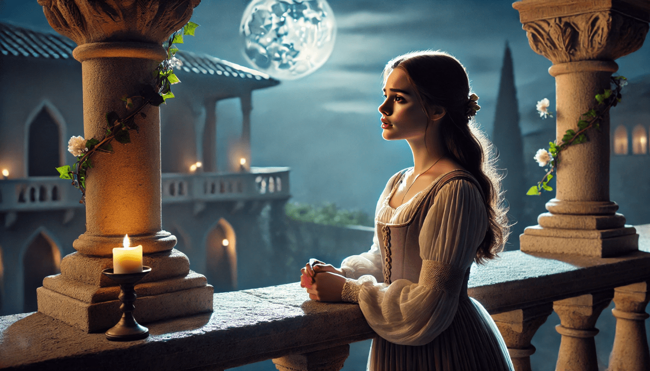 Juliet stands alone on a stone balcony under soft moonlight, gazing into the night with a tender, wistful expression