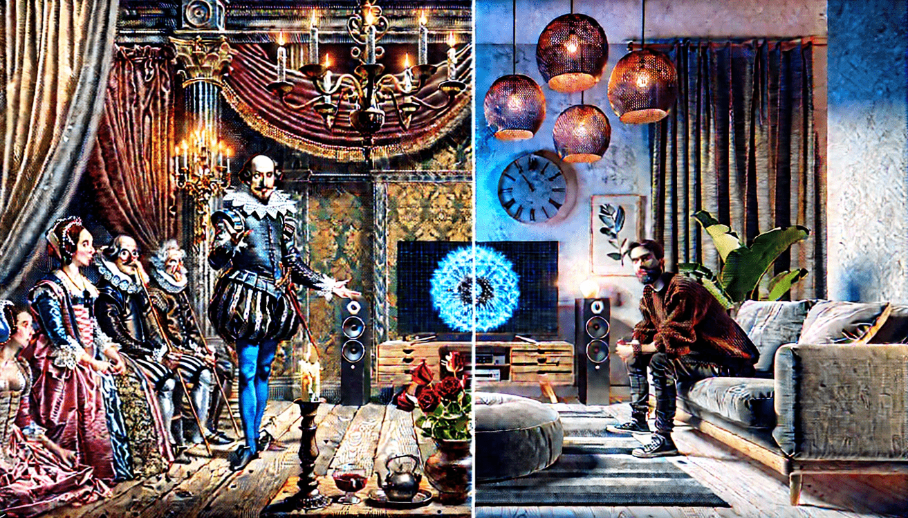  On the left, a Shakespearean actor in traditional Elizabethan costume performs a soliloquy on a wooden stage