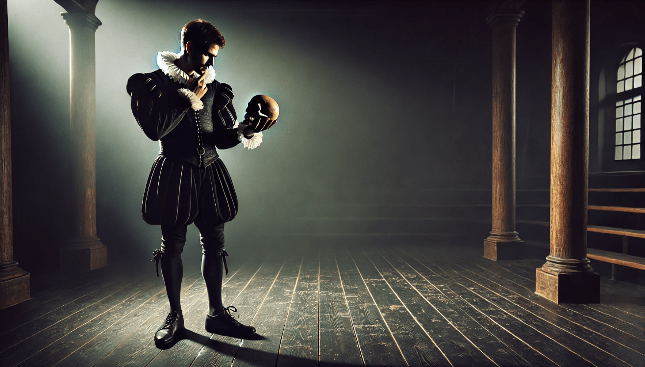 A Shakespearean actor dressed as Hamlet stands alone on a dimly lit Elizabethan stage