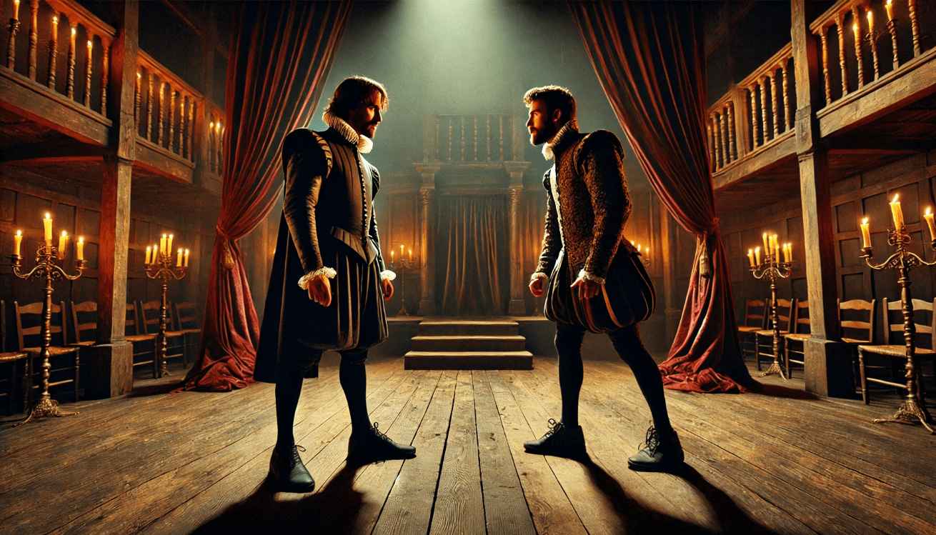 A tense theatrical confrontation on a Shakespearean stage