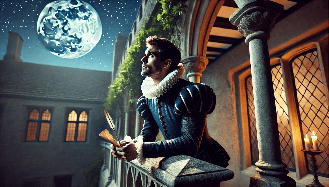 A lone Shakespearean character in traditional Elizabethan attire paces a stone balcony at night under a starry sky.