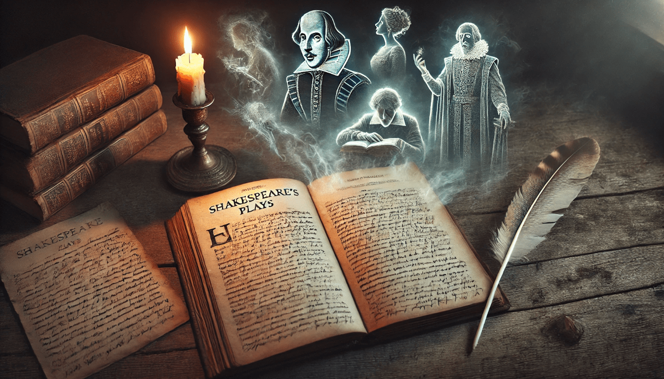 On a wooden table, an open book of Shakespeare’s plays is surrounded by a feather quill and a lit candle casting a warm glow