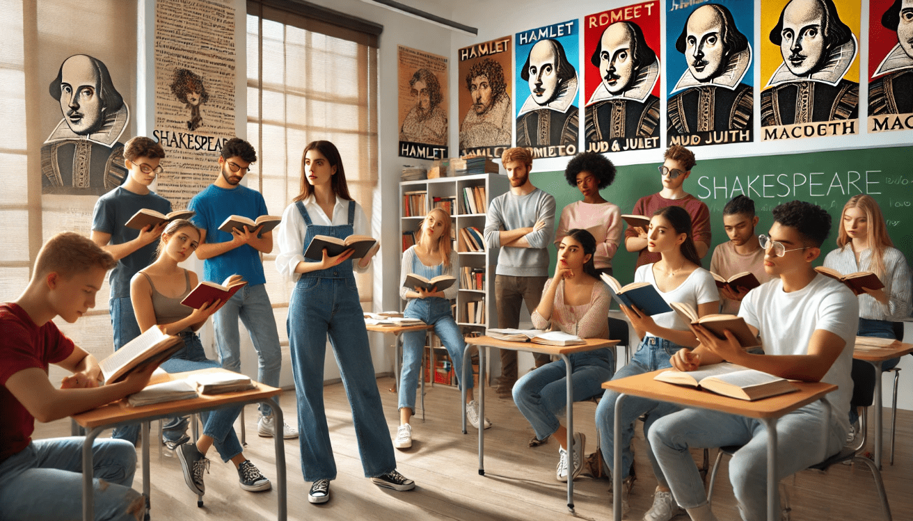 A modern high school classroom with a diverse group of students engaged in reading Shakespeare