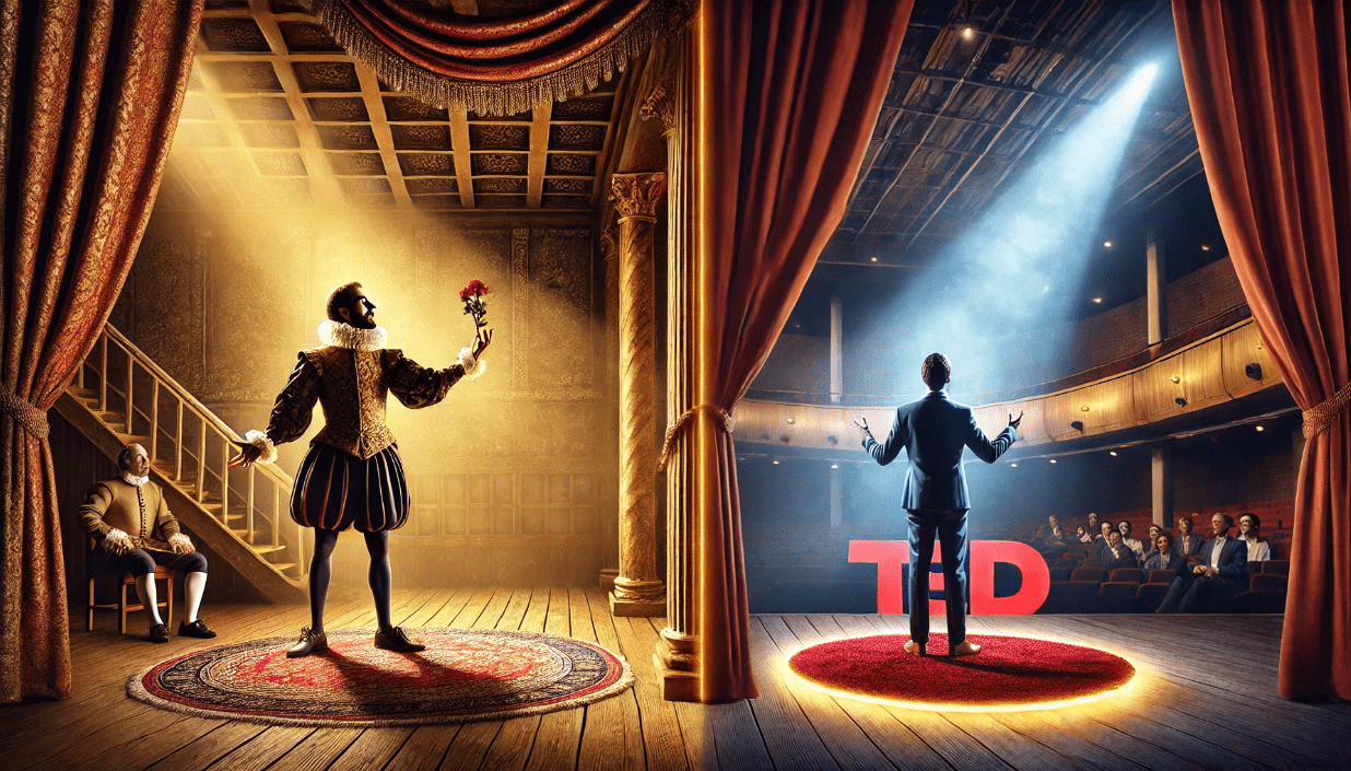 Split-screen scene: the left half shows a Shakespearean actor in ornate period costume delivering a soliloquy on a wooden stage with red velvet curtains and a warm spotlight