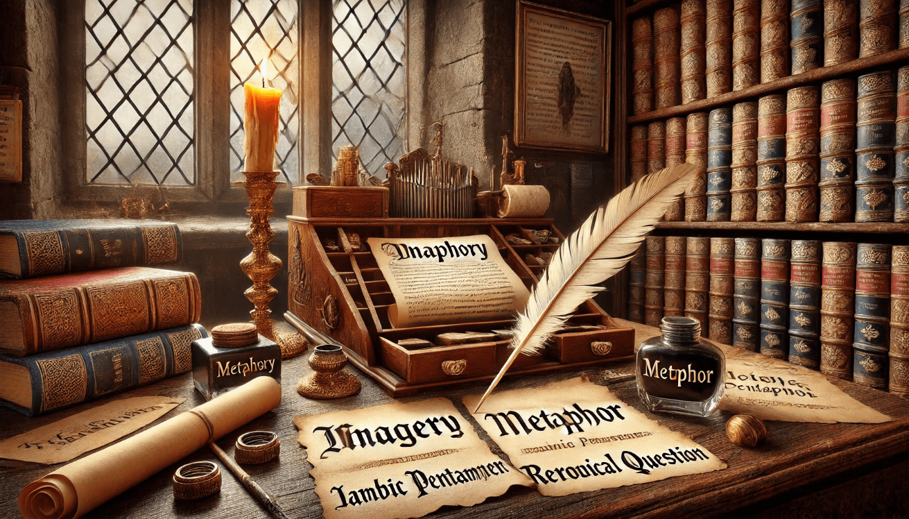 A triptych-style illustration featuring three Shakespearean characters in dramatic soliloquy moments