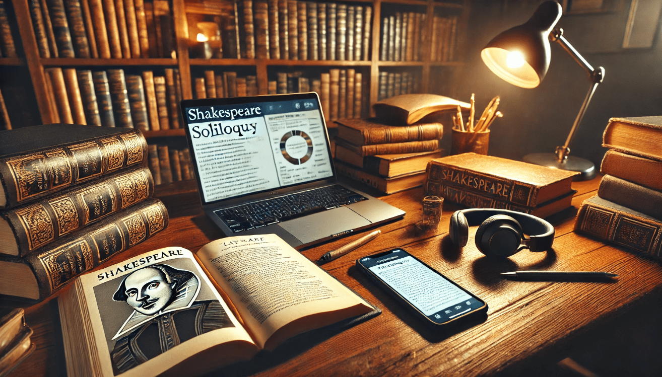 A warm, well-lit study setup with a wooden desk holding an open Shakespeare book marked with highlights
