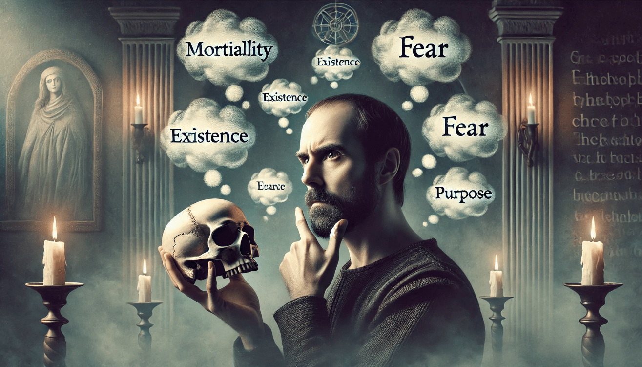 A close-up artistic rendering of a Shakespearean character resembling Hamlet, gazing pensively at a skull he holds in one hand.