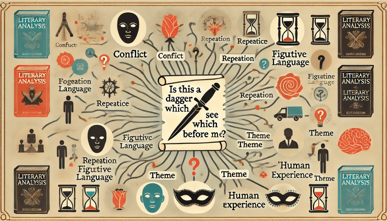 An educational infographic with a central parchment scroll featuring the quote from Macbeth’s soliloquy