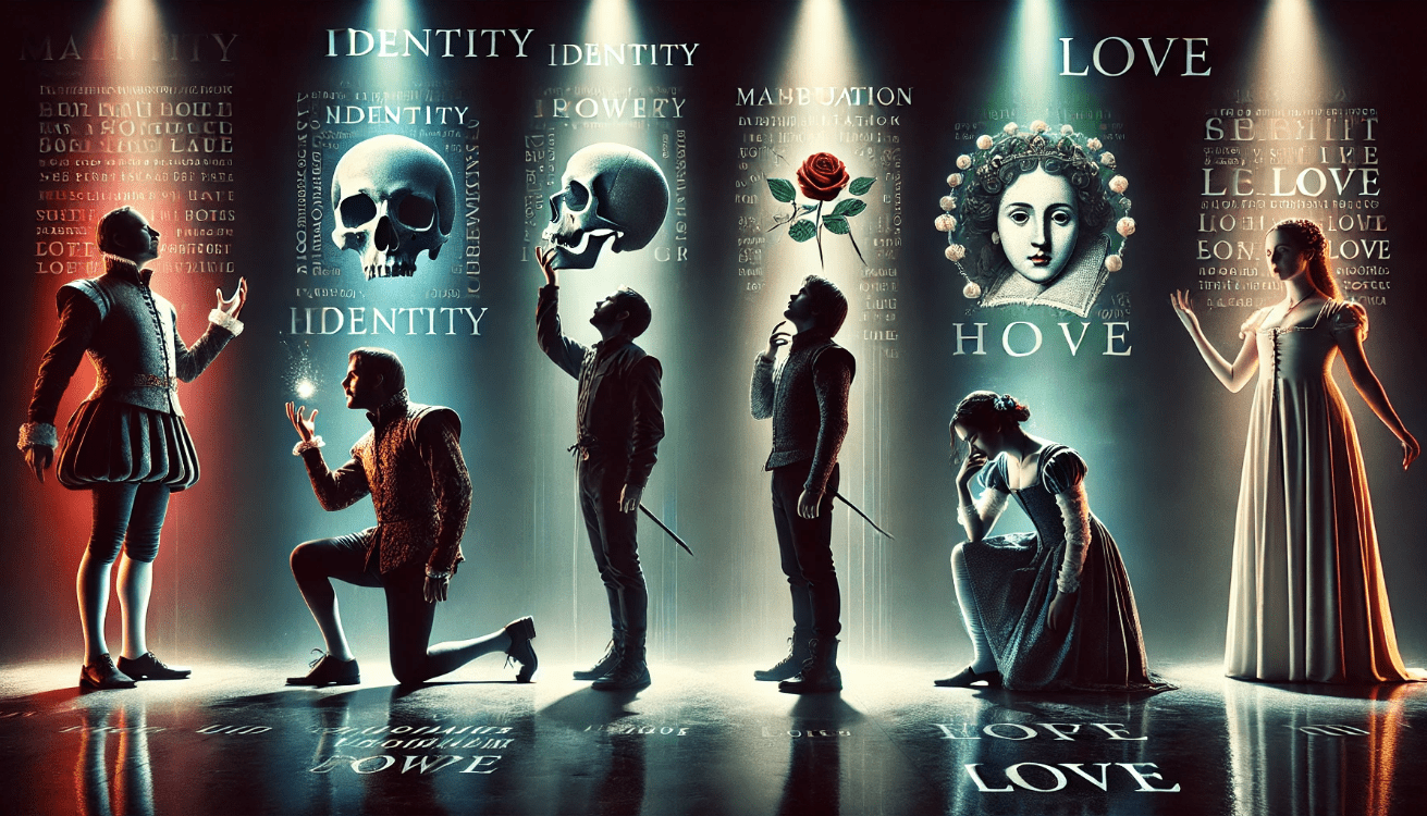 A moody stage collage featuring five iconic Shakespeare characters