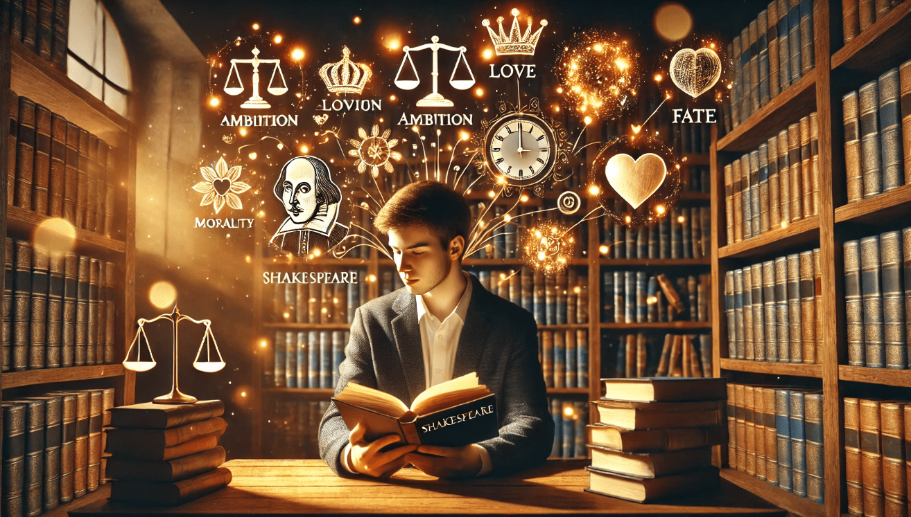 In a warm, inviting library filled with books, a contemporary student reads a Shakespeare volume at a wooden desk