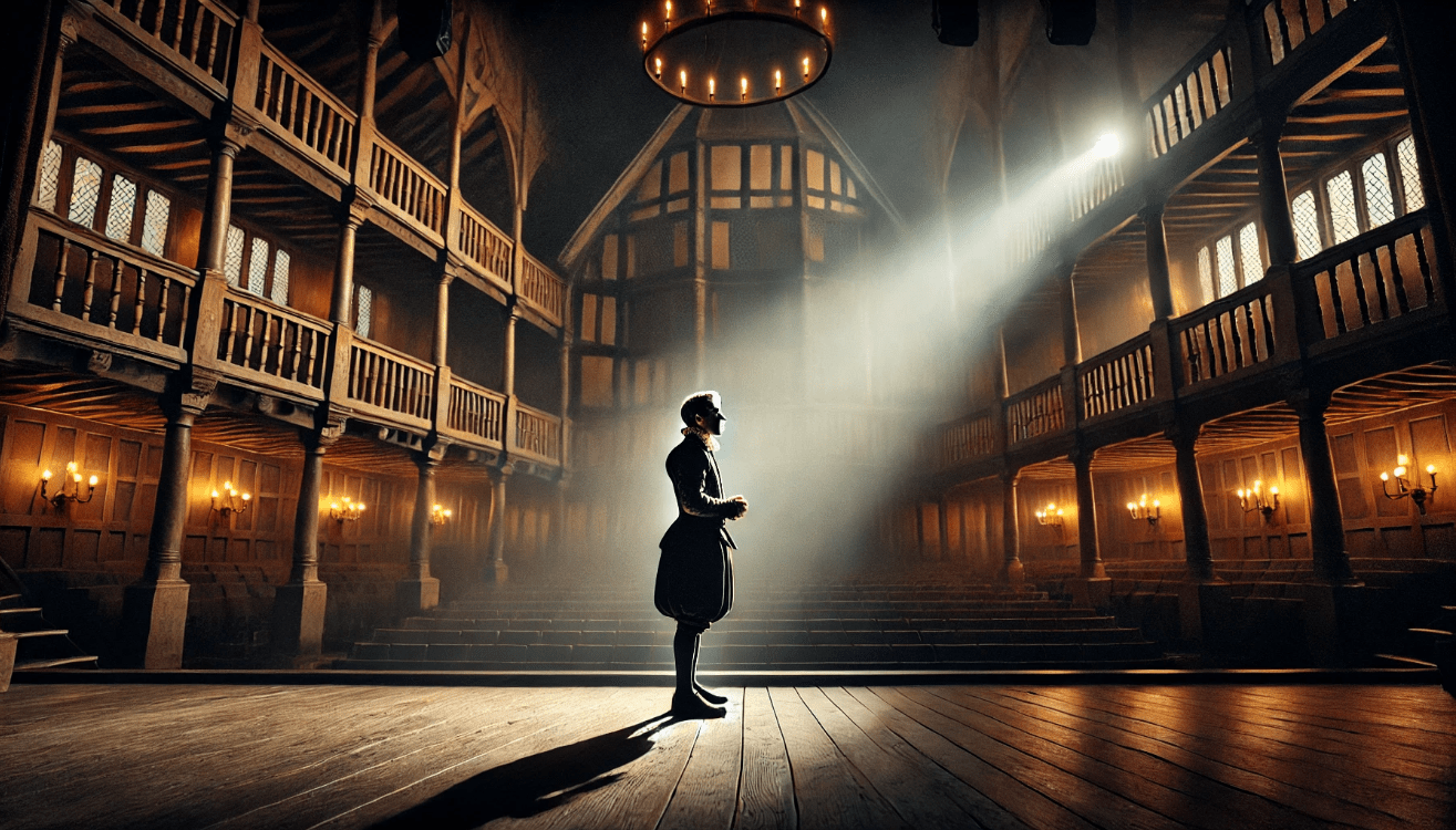 A Shakespearean actor in period costume delivering a soliloquy on a wooden Elizabethan stage under a spotlight, with a dimly lit Tudor-style theater in the background, creating a dramatic and emotional atmosphere.