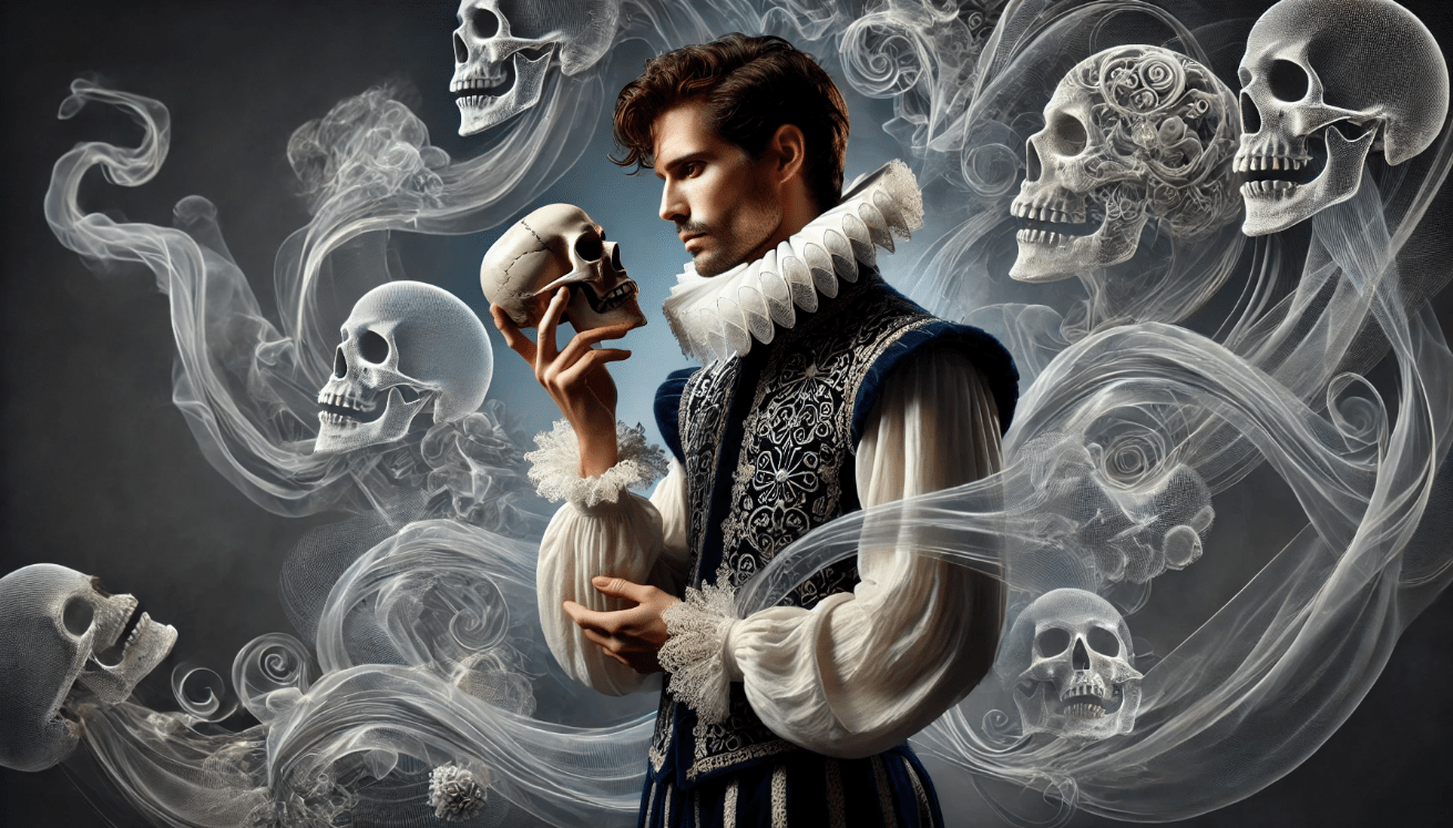 A close-up artistic rendering of a male actor portraying Hamlet in detailed Renaissance attire, including a dark velvet cloak, ornate doublet, and white ruffled collar