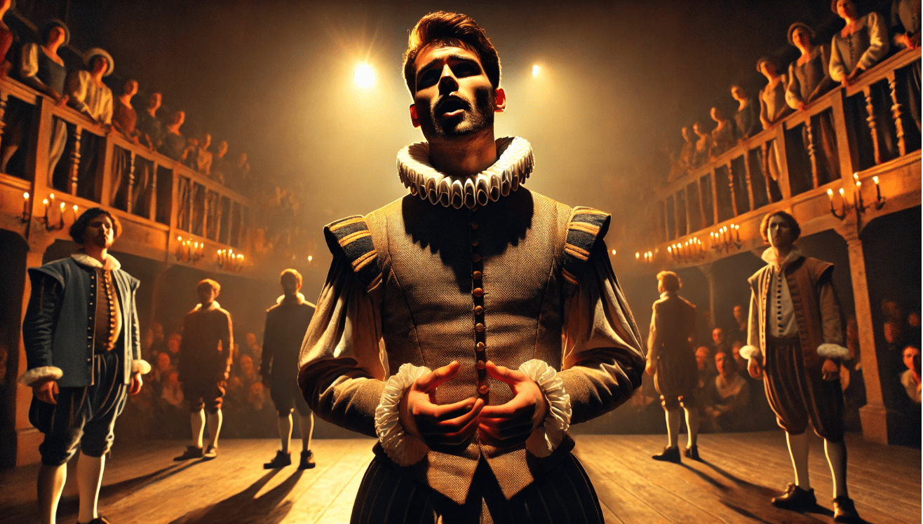 A Shakespearean actor stands center stage under warm, focused stage lighting, wearing a traditional Elizabethan doublet and white ruffled collar