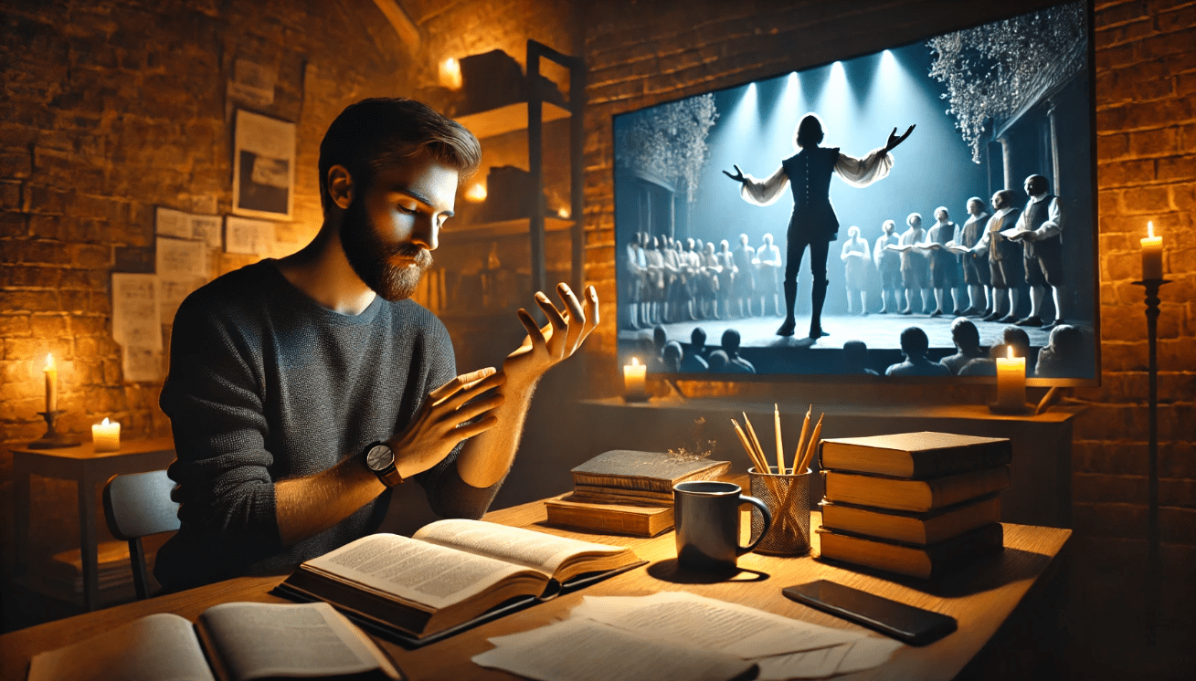 A modern student sits at a cozy desk, reading aloud from an open Shakespeare play with animated hand gestures