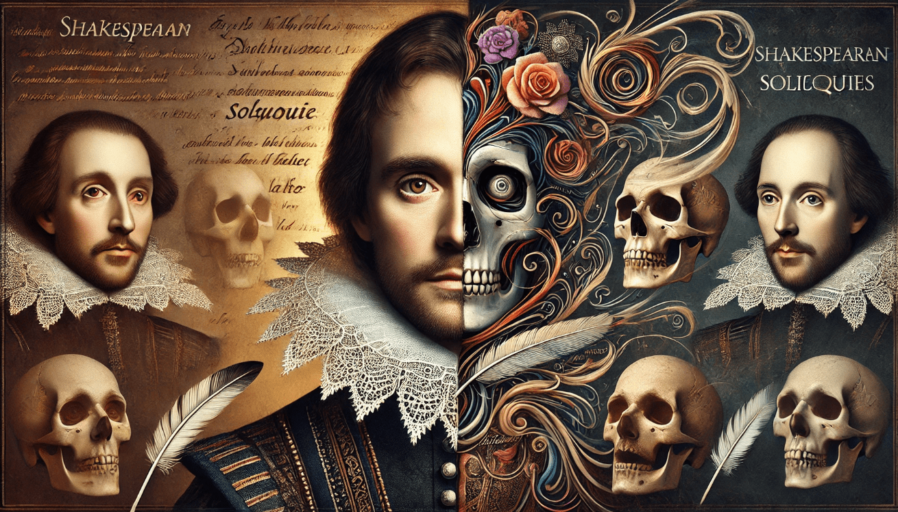 A split-portrait of a Shakespearean character in ornate Renaissance attire