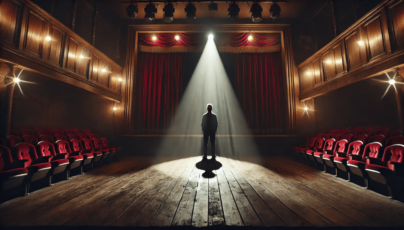 A single performer on a dimly lit theater stage delivers an emotional monologue under a bright spotlight