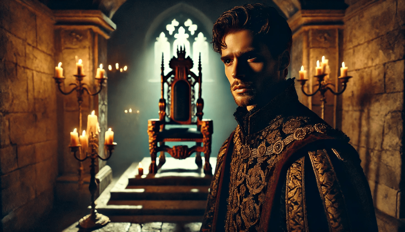In a moody medieval chamber bathed in warm candlelight, a lone man dressed in regal robes stands facing an imposing, unoccupied throne.
