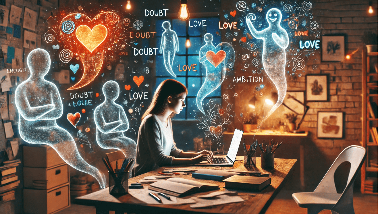 In a warm, softly lit workspace, a young creative writer is surrounded by scattered notes and colorful pens