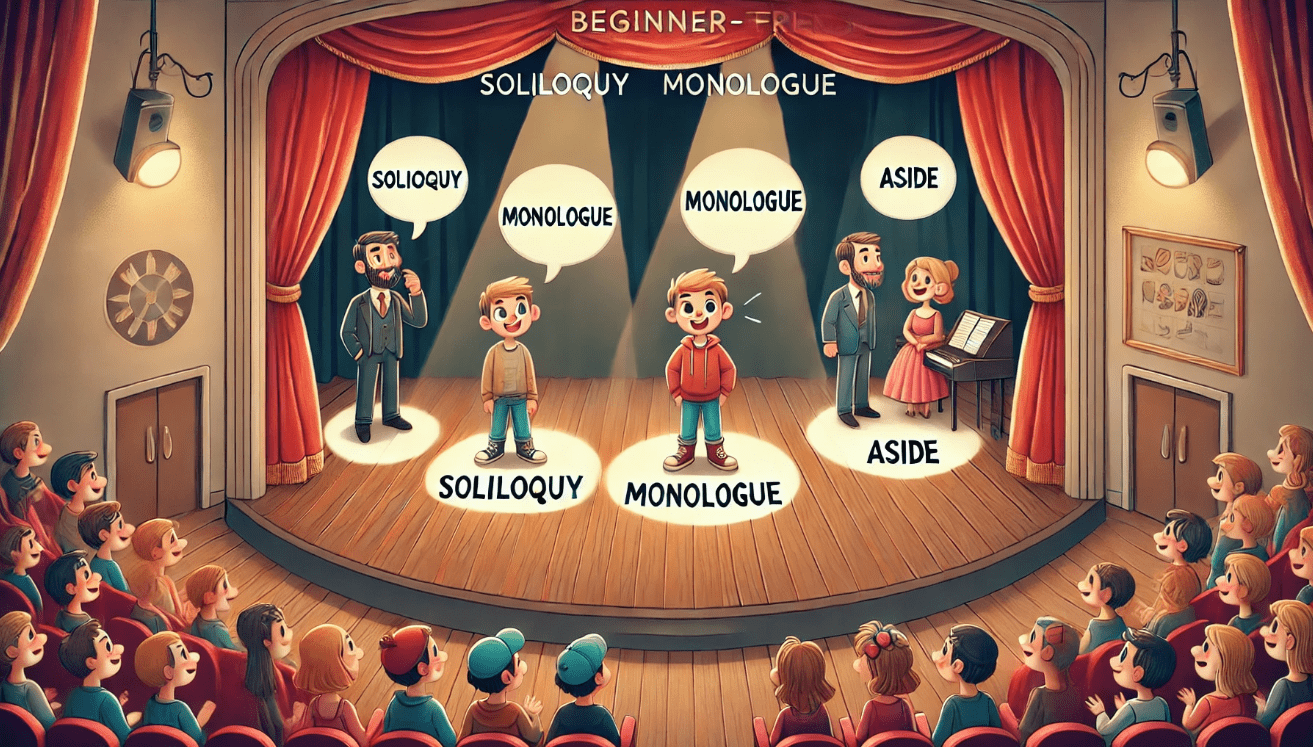A colorful, educational illustration of a theater stage split into three labeled scenes.