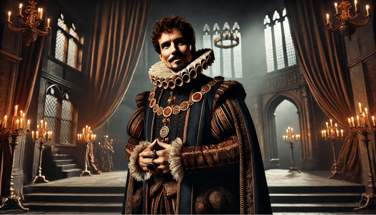 A theatrical scene depicting a charismatic villain inspired by Shakespeare’s Richard III