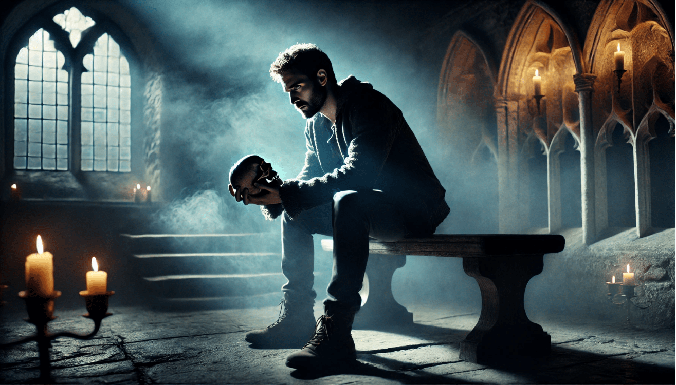 A somber, cinematic image of Hamlet sitting alone on a stone bench in a gothic, mist-filled courtyard.