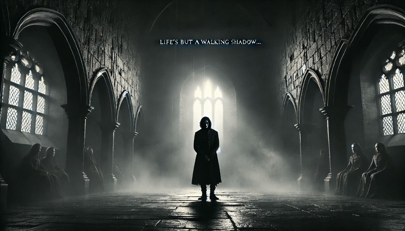 A dark, cinematic scene of Macbeth standing alone in a shadowy throne room.