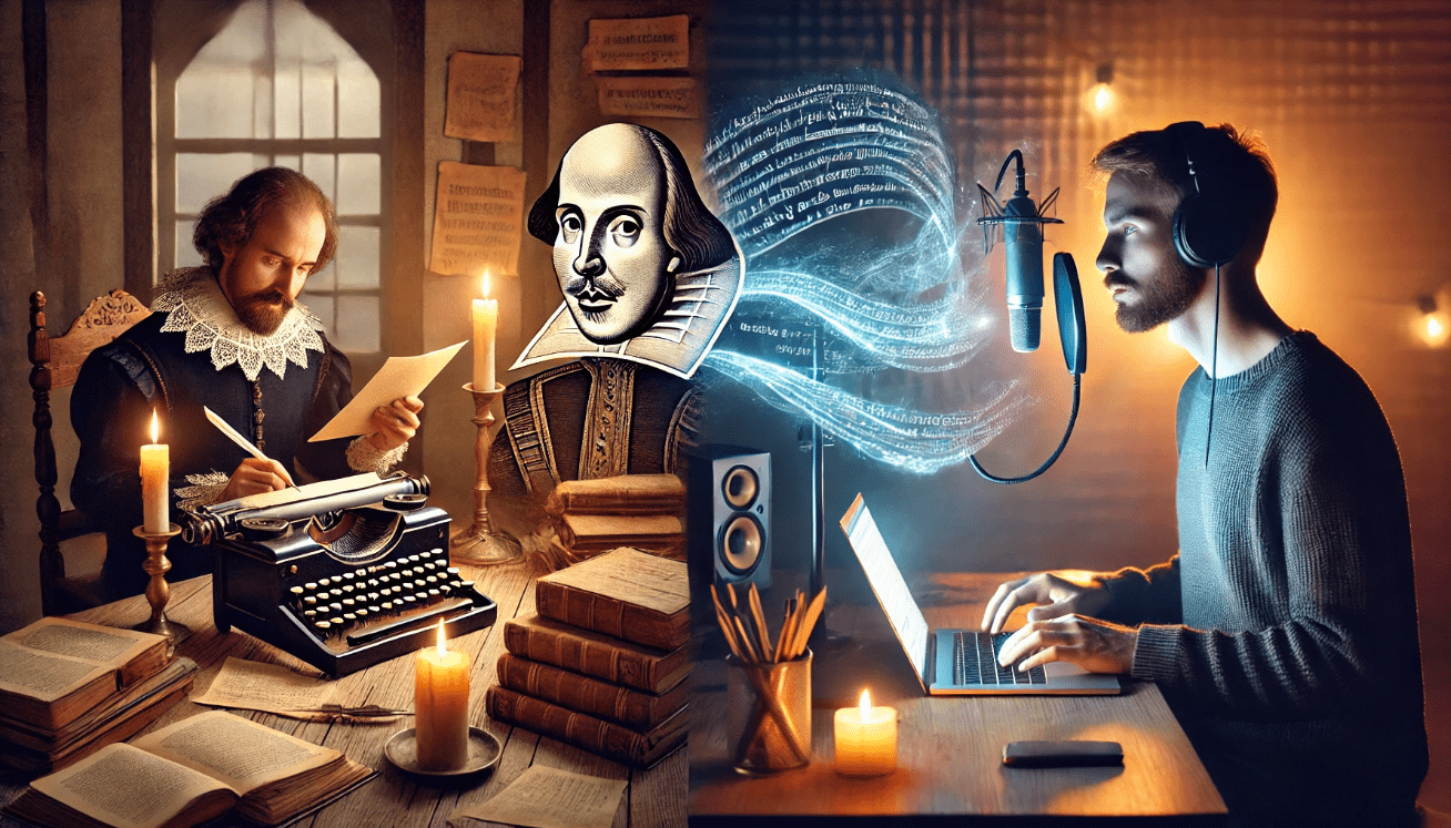 A split-screen visual showing William Shakespeare on the left and a modern content creator on the right.