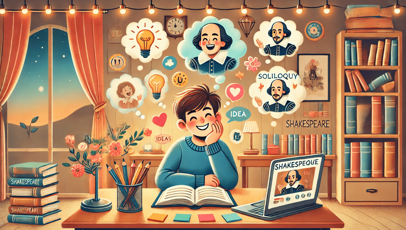 A cheerful illustration of a student sitting at a desk in a warmly lit, cozy study room