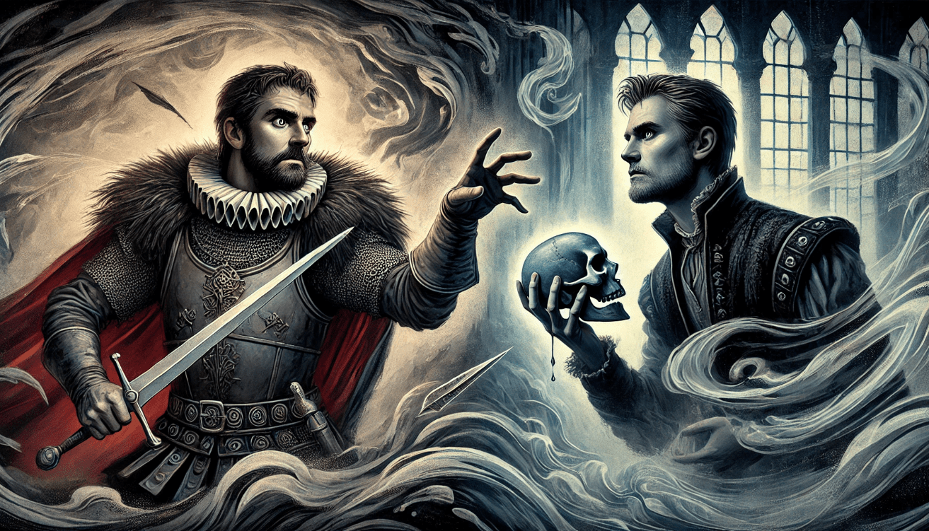 A split-scene illustration inspired by Shakespeare