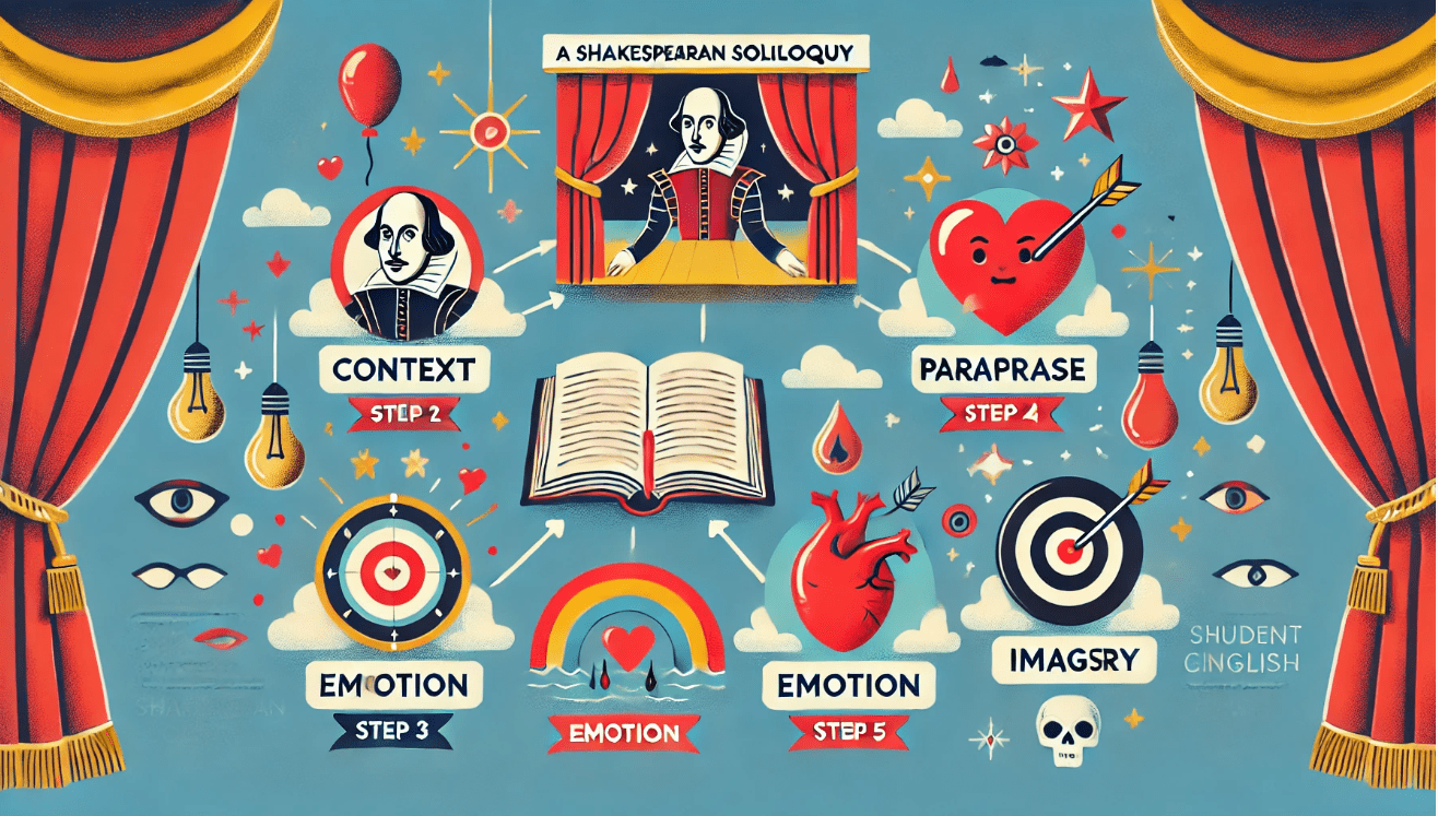 An educational infographic in flat vector style with five labeled icons illustrating how to analyze a Shakespearean soliloquy.