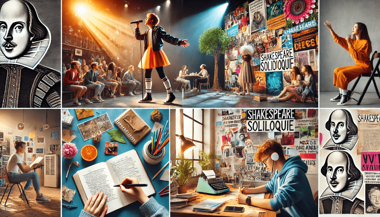 A vibrant collage of four young students engaging with Shakespearean soliloquies in a modern, creative setting