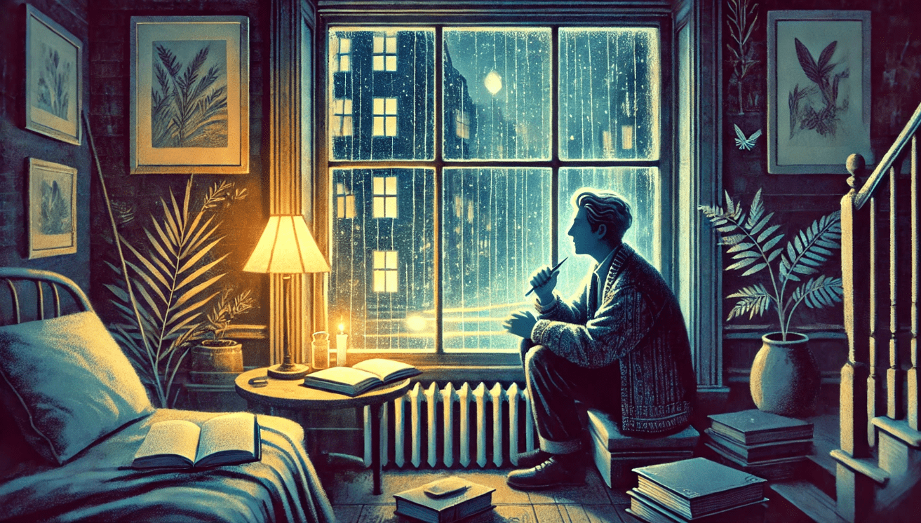 An introspective character sits by a rainy window in a warmly lit room at night, seemingly talking to themselves.