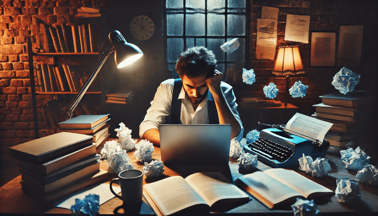 A frustrated writer sits at a cluttered desk in a dimly lit room, mid-motion as they crumple a sheet of paper in their hand