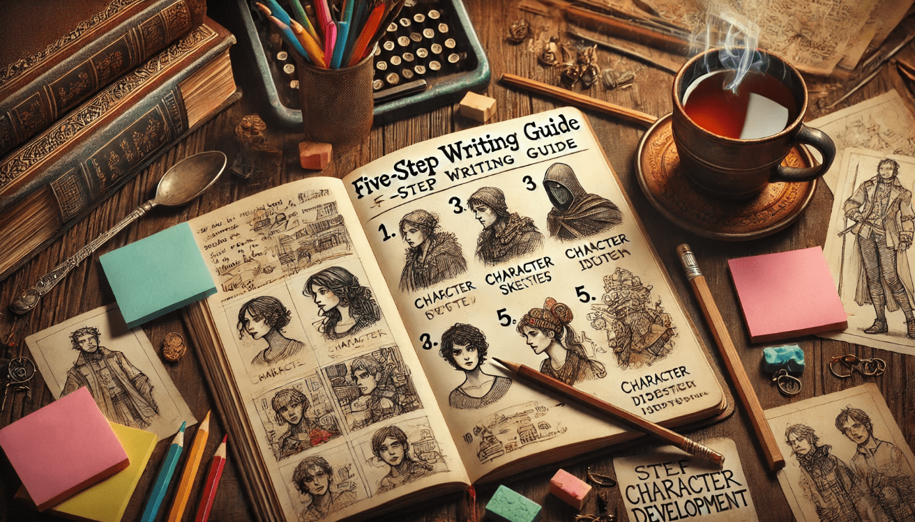 An open notebook lies on a wooden desk, displaying a handwritten five-step writing guide