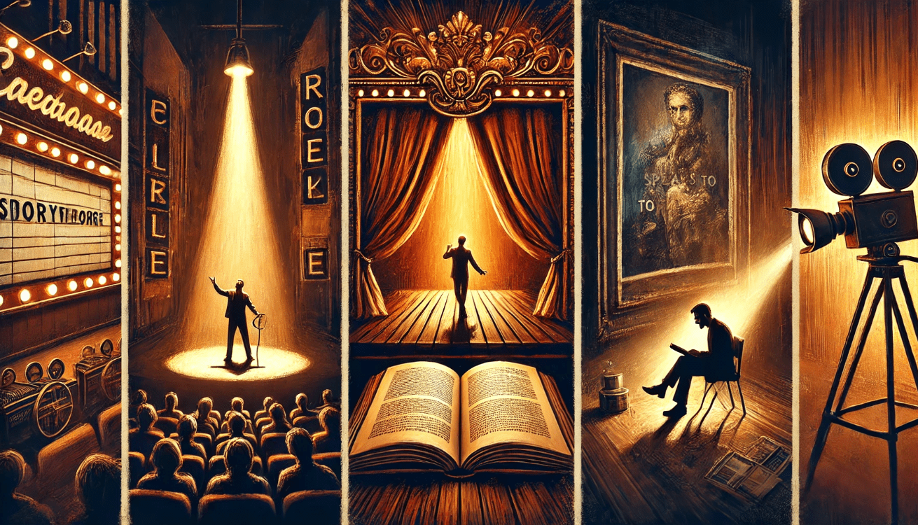 A three-panel artistic collage. Panel one shows an actor alone on a dimly lit stage, under a spotlight, delivering a monologue