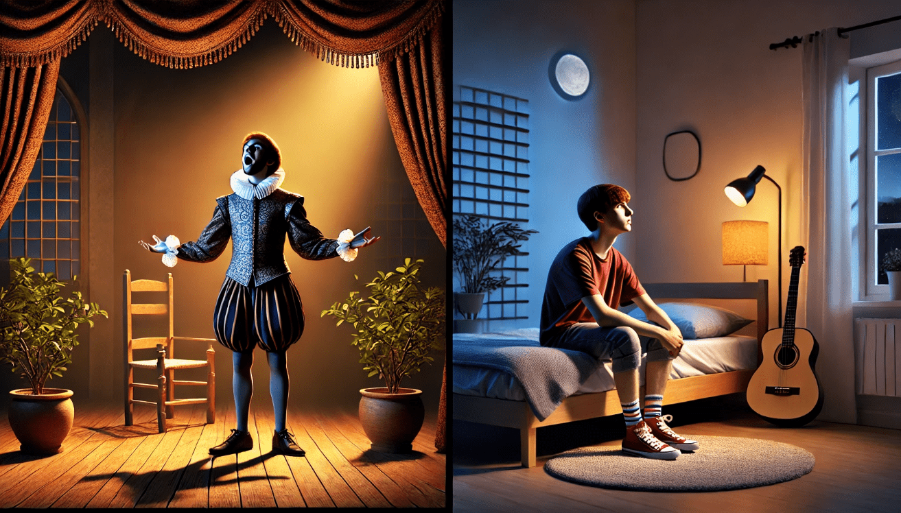 The left side shows a traditionally dressed Shakespearean actor performing a passionate monologue on a stage with dark curtains and warm lighting