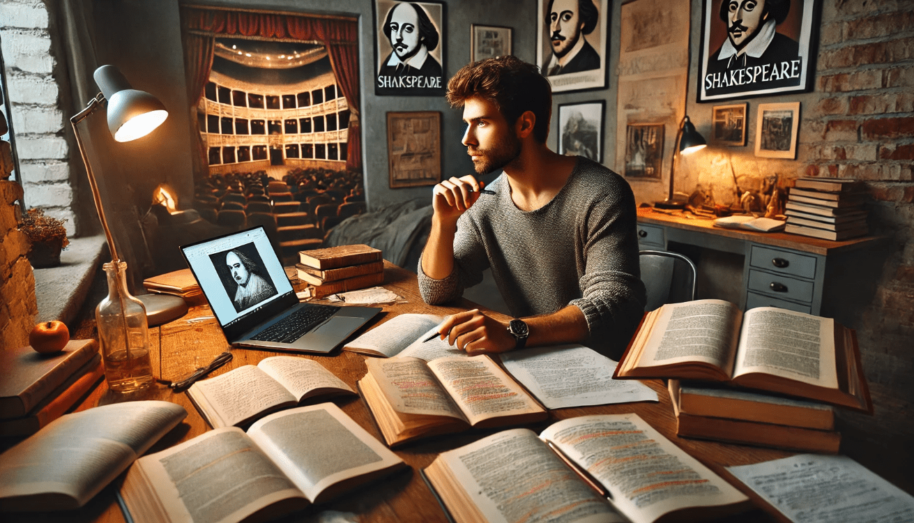 In a warmly lit study room, a student sits at a wooden desk surrounded by study materials, including open books, scribbled notes, and a highlighted Shakespeare script