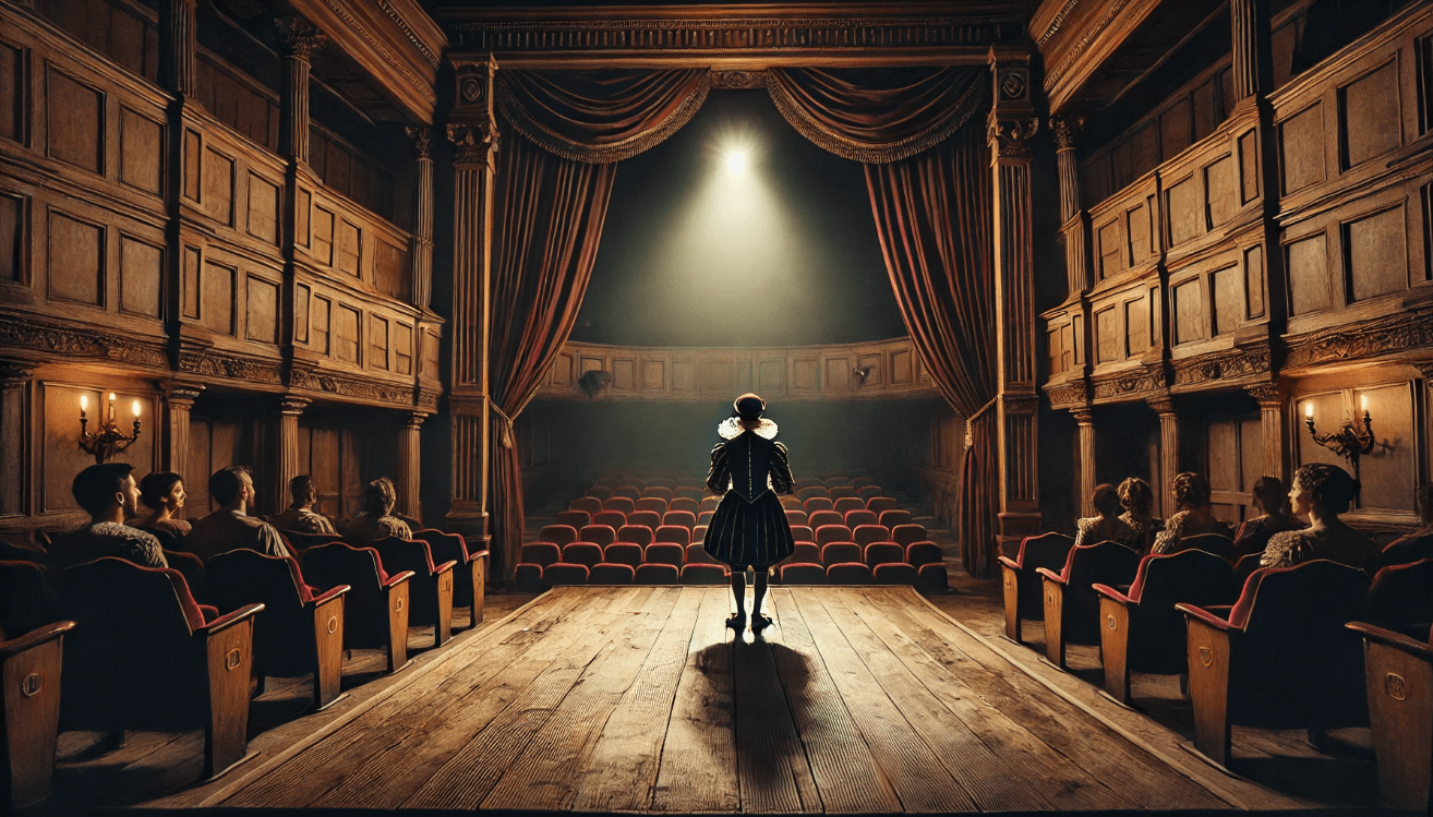 A dimly lit classical theater stage featuring a lone actor in an ornate Elizabethan costume standing center stage