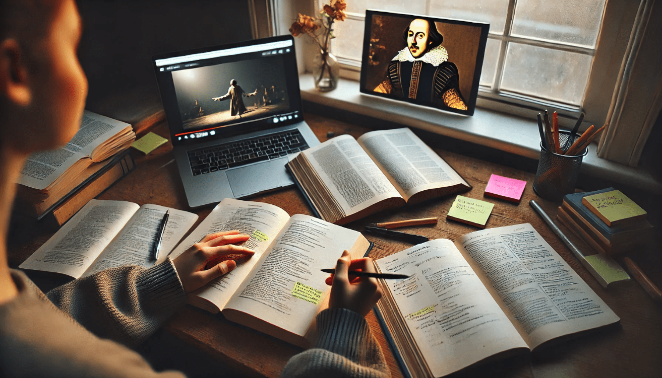 A student sits at a desk with two open books — one a Shakespeare play and the other a modern translation