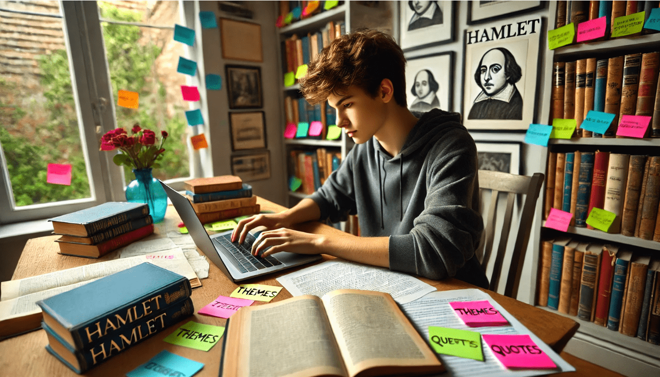 A focused teenage student works at a desk with a laptop open, writing a literature essay. Several sticky notes on the desk are labeled “Hamlet,” “Themes,” and “Quotes.