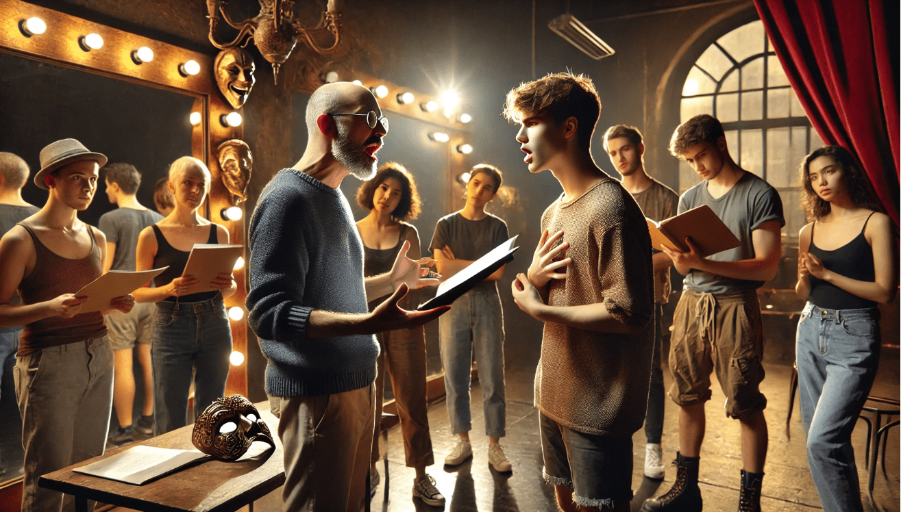 A drama coach with short hair and glasses guides a young actor performing a passionate soliloquy in a theatrical rehearsal studio