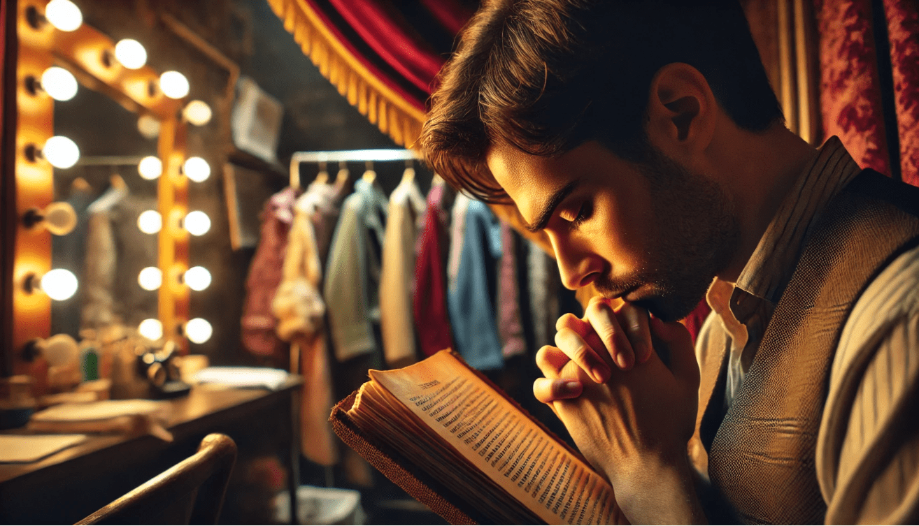 Backstage scene of a nervous actor clutching a script with eyes closed, breathing deeply in concentration