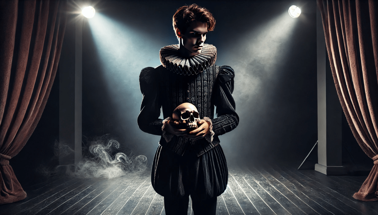 A dramatic portrait of a young man dressed as Hamlet in a dark Elizabethan costume with a ruffled collar, standing alone under a bright spotlight in a dim, empty theatrical space