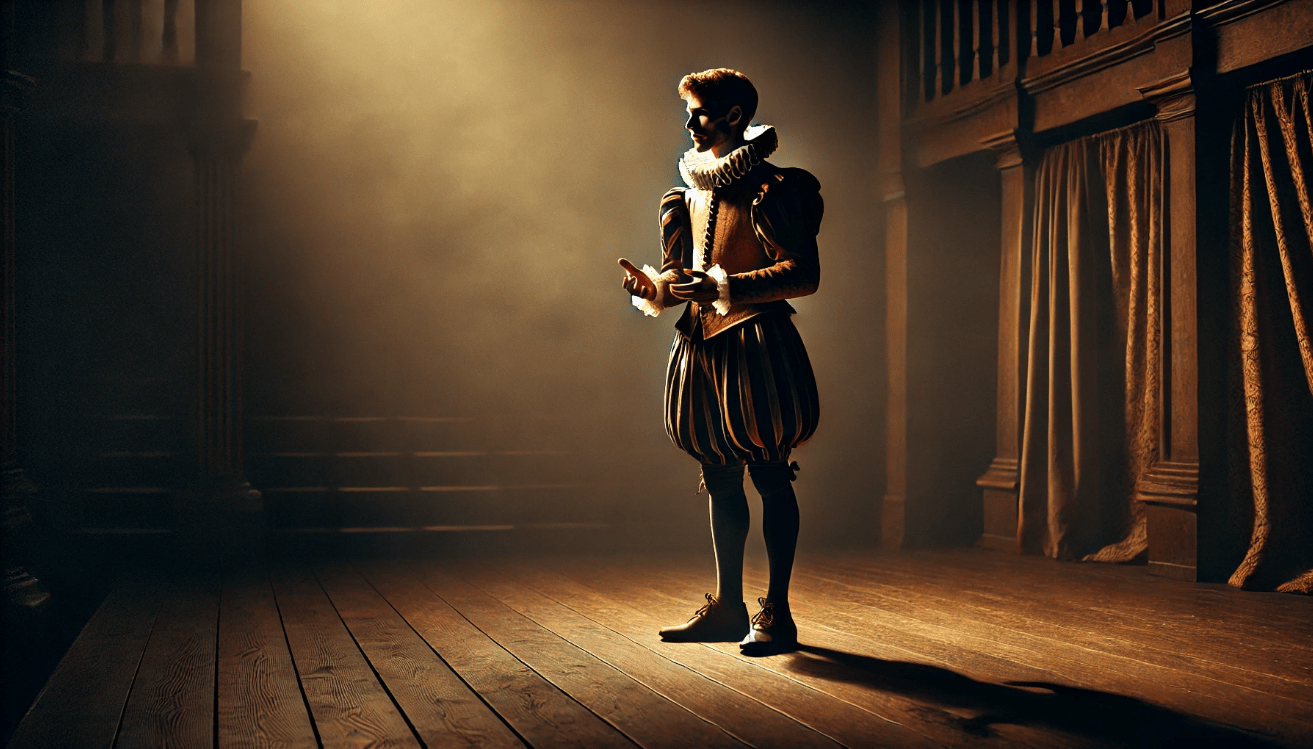 A lone Elizabethan actor stands on a dimly lit wooden stage, illuminated by a soft, warm spotlight.