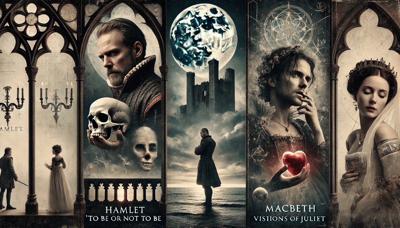 A moody digital collage showcasing Hamlet, Macbeth, and Juliet, each isolated in their iconic settings