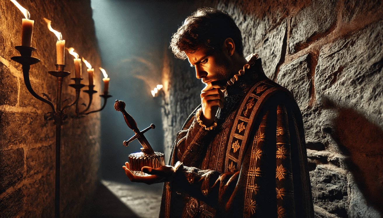 A tense, moody scene featuring a man in authentic 16th-century Scottish noble clothing, standing in a dark, narrow corridor of stone