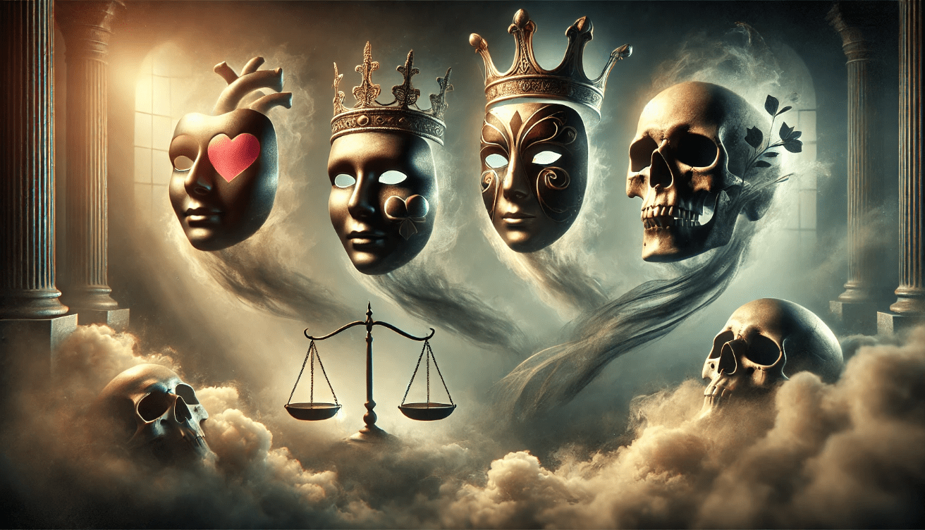A surreal digital artwork depicting four floating theatrical masks suspended in a dark, misty void.