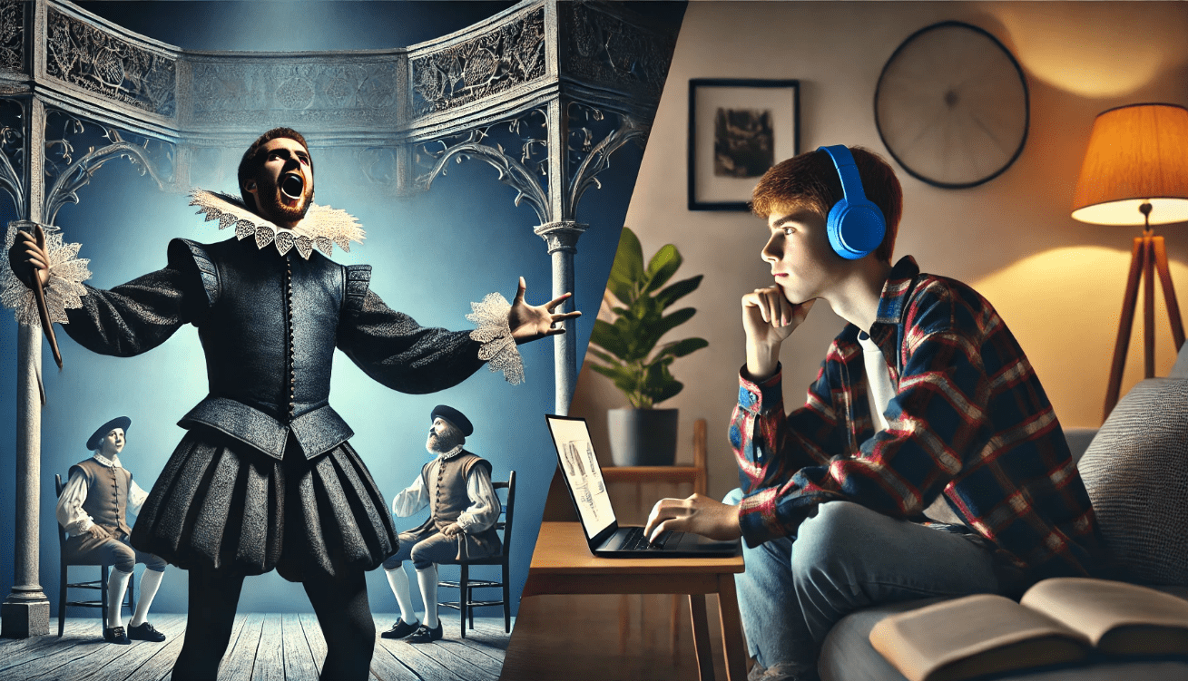 A split-screen image showing a Shakespearean actor in traditional Elizabethan costume performing a soliloquy on a grand stage with dramatic lighting
