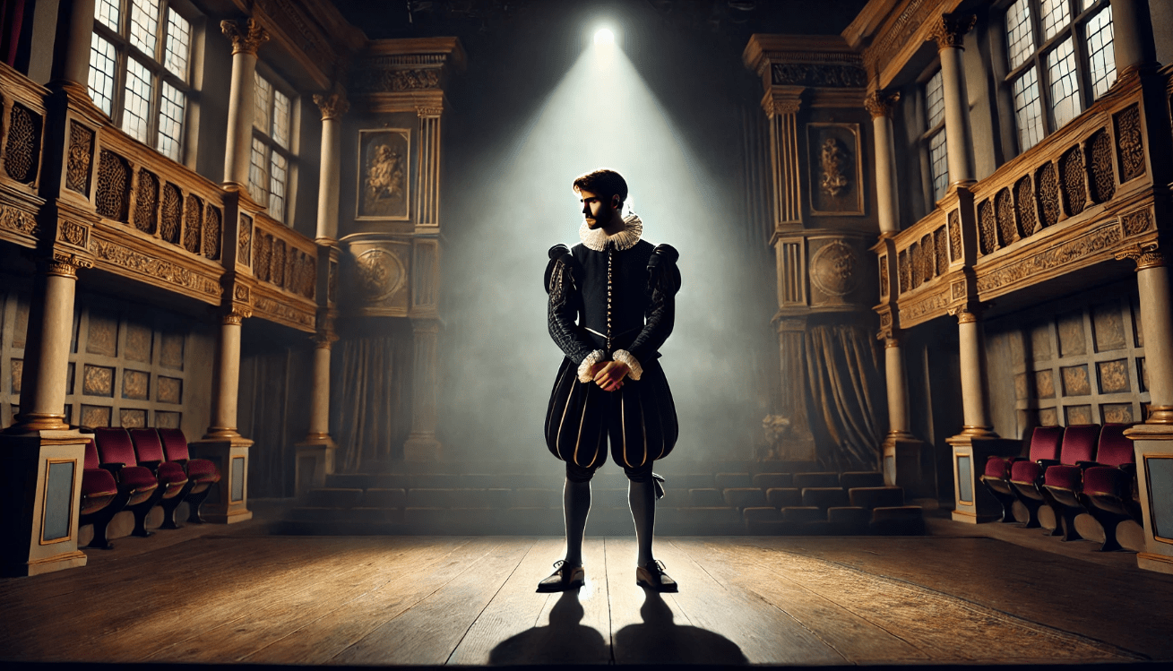 A solitary male actor in an elaborate Elizabethan costume stands under a single spotlight, gazing downward in deep contemplation